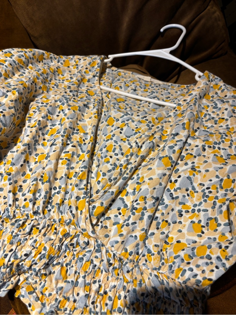 Smocked Waist V-Neck Blouse in Yellow and Blue Floral Dot - Picture 3 of 4